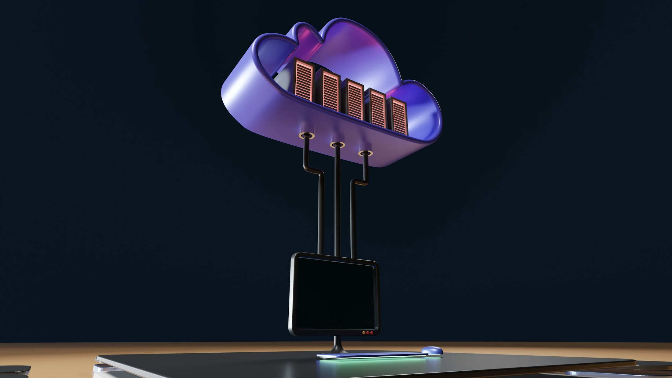 A purple cloud icon holding server racks, connected to a monitor